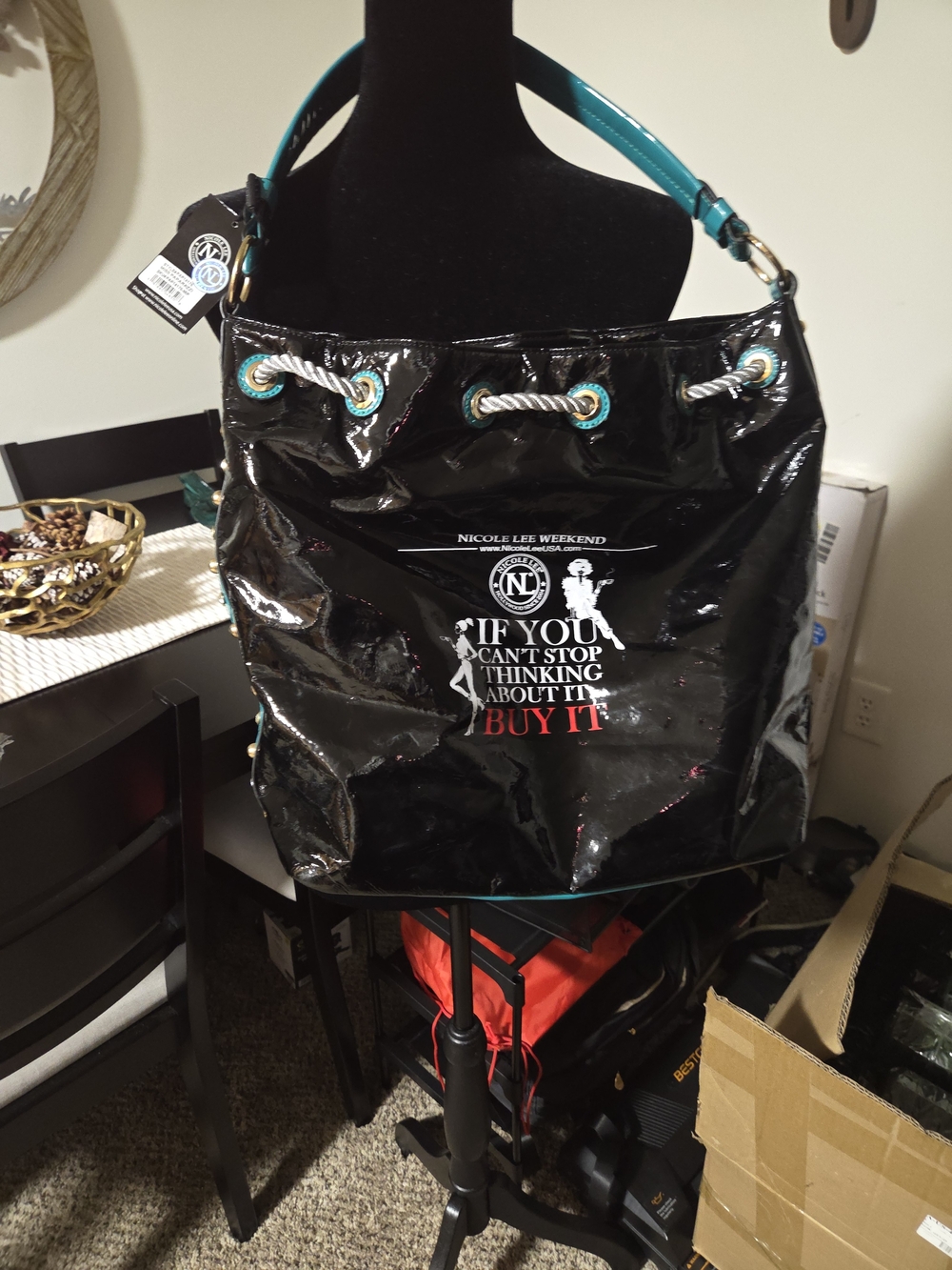 Nicole Lee Teal Graphic Drawstring Bucket Bag - Picture 5 of 7